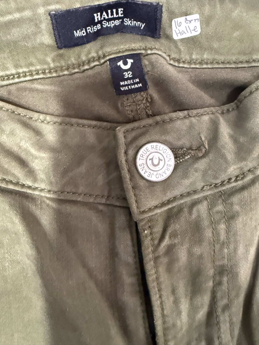 True Religion Halle Mid Rise Super Skinny Olive Green Jeans 32